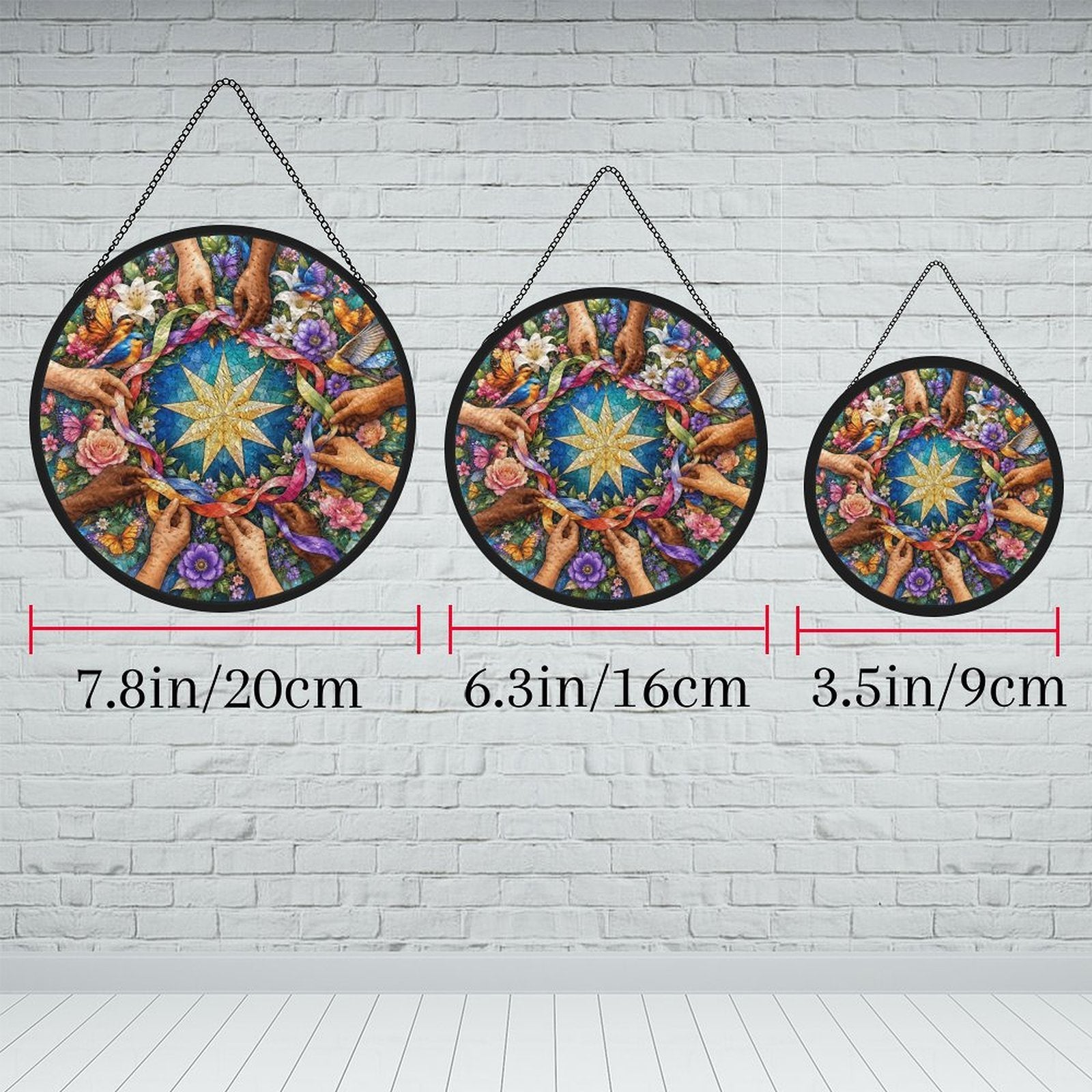 Unity in Diversity Round Glass Hanging Ornament – Nine-Pointed Star Floral Suncatcher